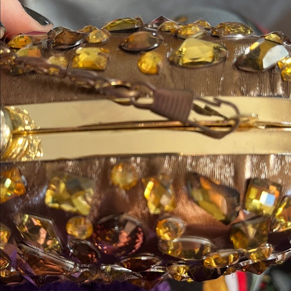 Bejeweled hard case Clutch embellished with gold & Amber crystals & rhinestones. - Picture 9 of 14
